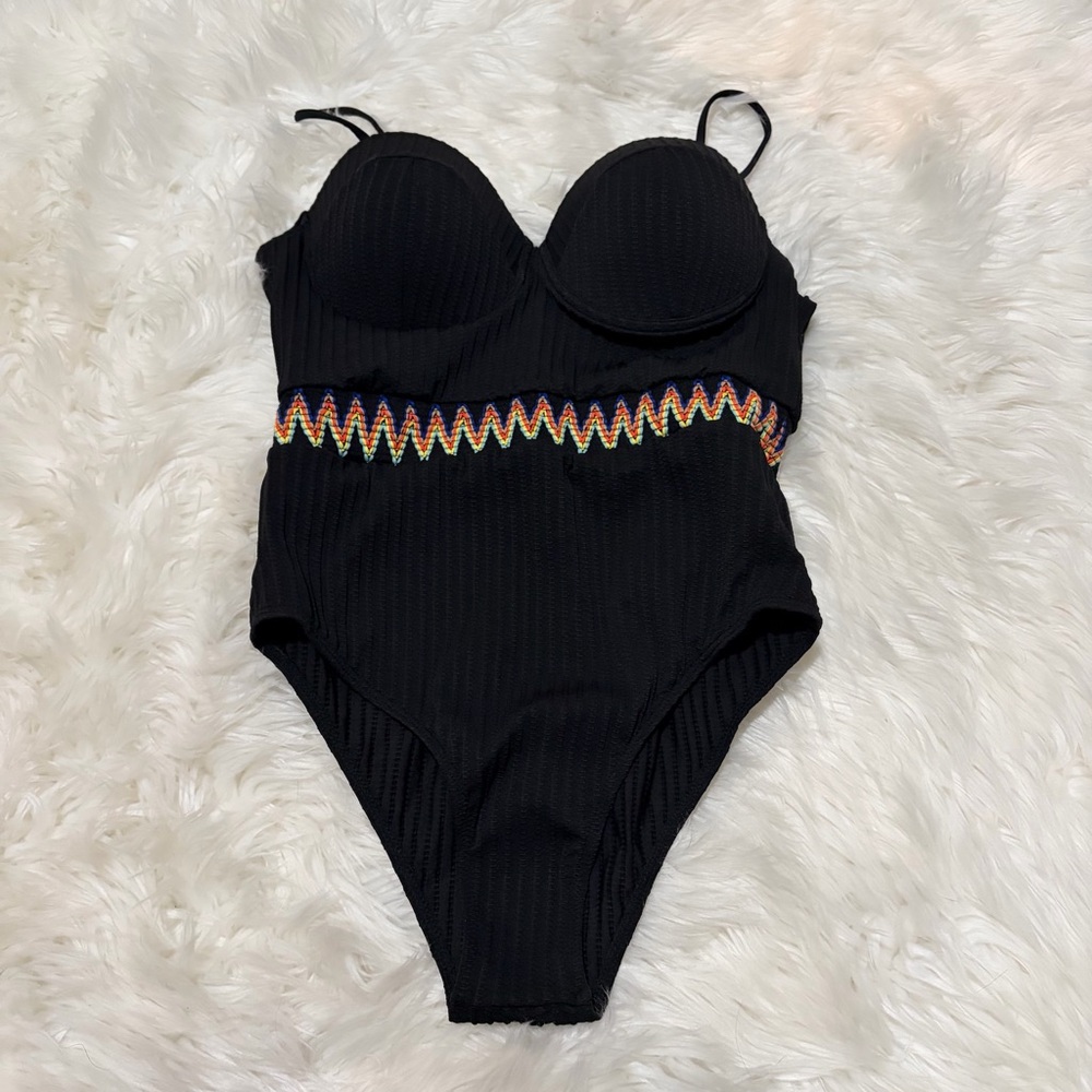 Black ribbed one piece swim suit size L
